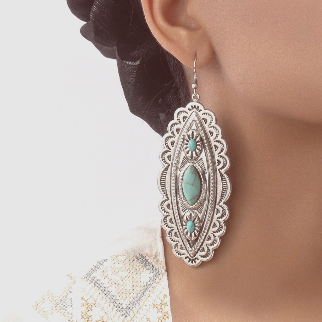Antique Silver Oversized Earrings With Blue Rock